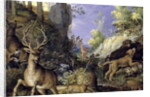 A woodland scene with hunters and animals by Roelandt Jacobsz. Savery