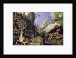 A woodland scene with hunters and animals by Roelandt Jacobsz. Savery