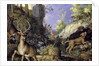 A woodland scene with hunters and animals by Roelandt Jacobsz. Savery