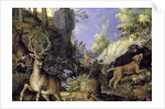 A woodland scene with hunters and animals by Roelandt Jacobsz. Savery