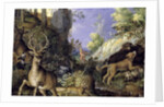 A woodland scene with hunters and animals by Roelandt Jacobsz. Savery