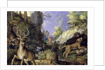 A woodland scene with hunters and animals by Roelandt Jacobsz. Savery