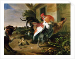 Poultry and Spaniel in a farmyard by Melchior de Hondecoeter