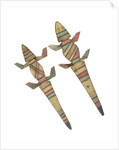Carved wooden crocodile figures decorated with red, green and black painted geometric patterns, Hausa People, Kano, Northern Nigeria by Nigerian Nigerian