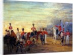 A group of mounted and dismounted officers and men of the Yorkshire Yeomanry in various orders of dress, c.1820 by English School