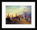 A group of mounted and dismounted officers and men of the Yorkshire Yeomanry in various orders of dress, c.1820 by English School