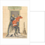 A hussar, an infantryman and a dragoon, all in undress uniform, scrambling for the entrance of a canteen, c.1890 by English School