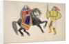 Woman on black horse greets man by Frederick Gokliz