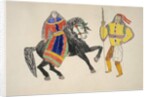 Woman on black horse greets man by Frederick Gokliz