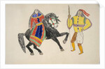 Woman on black horse greets man by Frederick Gokliz