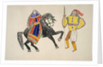 Woman on black horse greets man by Frederick Gokliz