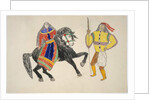 Woman on black horse greets man by Frederick Gokliz