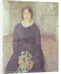 Girl in a blue dress holding a piece of sewing by Gwen John
