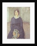 Girl in a blue dress holding a piece of sewing by Gwen John