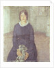 Girl in a blue dress holding a piece of sewing by Gwen John
