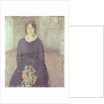 Girl in a blue dress holding a piece of sewing by Gwen John