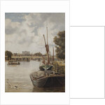 The present Hammersmith Bridge under construction showing the temporary bridge, 1886 by Archibald Webb