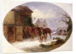 Boy leading horses to a barn in the snow by Thomas Smythe