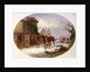 Boy leading horses to a barn in the snow by Thomas Smythe