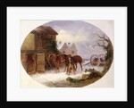 Boy leading horses to a barn in the snow by Thomas Smythe