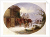 Boy leading horses to a barn in the snow by Thomas Smythe