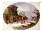 Boy leading horses to a barn in the snow by Thomas Smythe