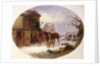 Boy leading horses to a barn in the snow by Thomas Smythe