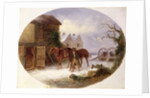 Boy leading horses to a barn in the snow by Thomas Smythe