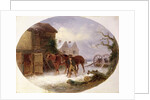 Boy leading horses to a barn in the snow by Thomas Smythe