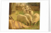 Sheep feeding from an upturned grain bag by William Gunning King