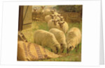 Sheep feeding from an upturned grain bag by William Gunning King