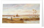 Figures and camels at an oasis by Frederick Goodall