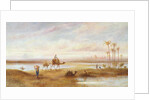 Figures and camels at an oasis by Frederick Goodall