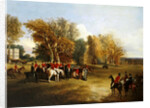 A hunt meet in a parkland with a country house by John Dalby