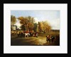 A hunt meet in a parkland with a country house by John Dalby