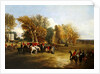 A hunt meet in a parkland with a country house by John Dalby