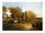 A hunt meet in a parkland with a country house by John Dalby