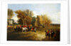 A hunt meet in a parkland with a country house by John Dalby