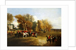 A hunt meet in a parkland with a country house by John Dalby