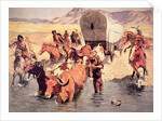 Indians attacking a pioneer wagon train by Frederic Remington