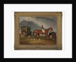 Portrait of Lord George Bentincks Horse Elis with rider, John Day, and trainer, John Doe, Doncaster, 1836 by Abraham Cooper