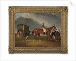 Portrait of Lord George Bentincks Horse Elis with rider, John Day, and trainer, John Doe, Doncaster, 1836 by Abraham Cooper
