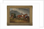 Portrait of Lord George Bentincks Horse Elis with rider, John Day, and trainer, John Doe, Doncaster, 1836 by Abraham Cooper