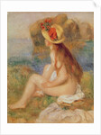 Seated female bather in a straw hat by Pierre Auguste Renoir