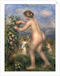 Female nude picking flowers by Pierre Auguste Renoir