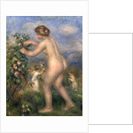 Female nude picking flowers by Pierre Auguste Renoir