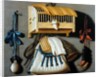 Trompe l'oeil of hunting equipment and a bird cage by Johannes Leemans