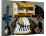 Trompe l'oeil of hunting equipment and a bird cage by Johannes Leemans