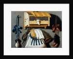 Trompe l'oeil of hunting equipment and a bird cage by Johannes Leemans