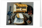 Trompe l'oeil of hunting equipment and a bird cage by Johannes Leemans